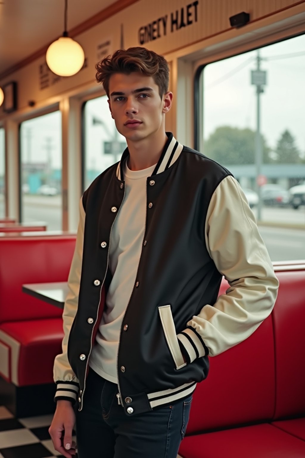 man in retro 1950s diner photo shoot. posing in front of red 1950s barstools. man wearing varsity bomber . white interior with red seats and black and white flooring.