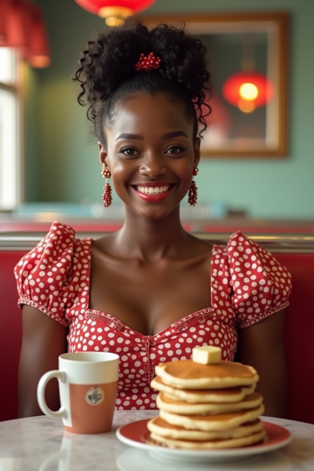 woman in retro 1950s diner photo shoot. stack of pancakes and one coffee mug in front.  woman wearing 1950s pin up dress and 1950s hair tie