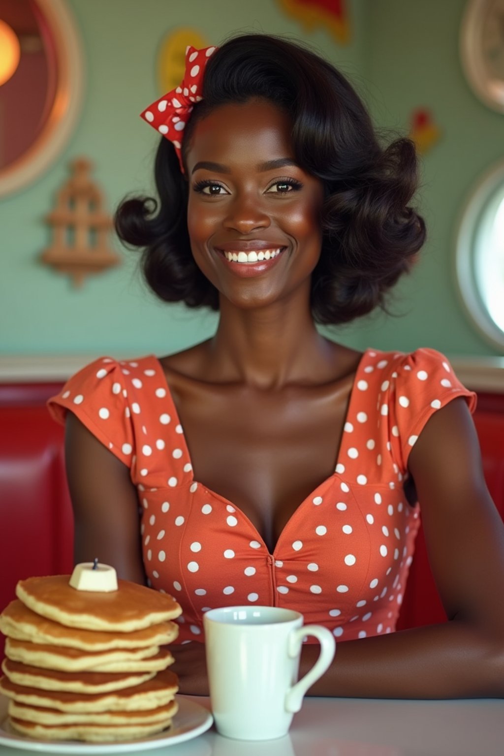 woman in retro 1950s diner photo shoot. stack of pancakes and one coffee mug in front.  woman wearing 1950s pin up dress and 1950s hair tie