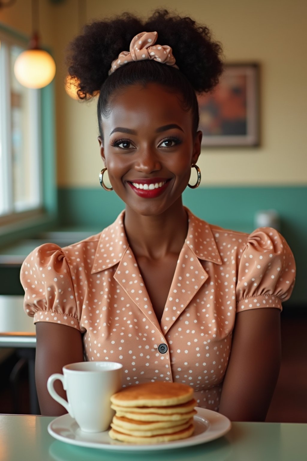 woman in retro 1950s diner photo shoot. stack of pancakes and one coffee mug in front.  woman wearing 1950s pin up dress and 1950s hair tie