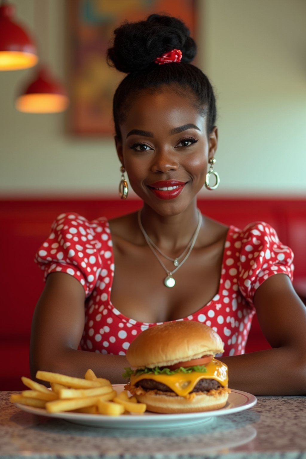 woman in retro 1950s diner photo shoot. french fries and one cheeseburger on a plate in front.  woman wearing 1950s pin up dress and 1950s hair tie