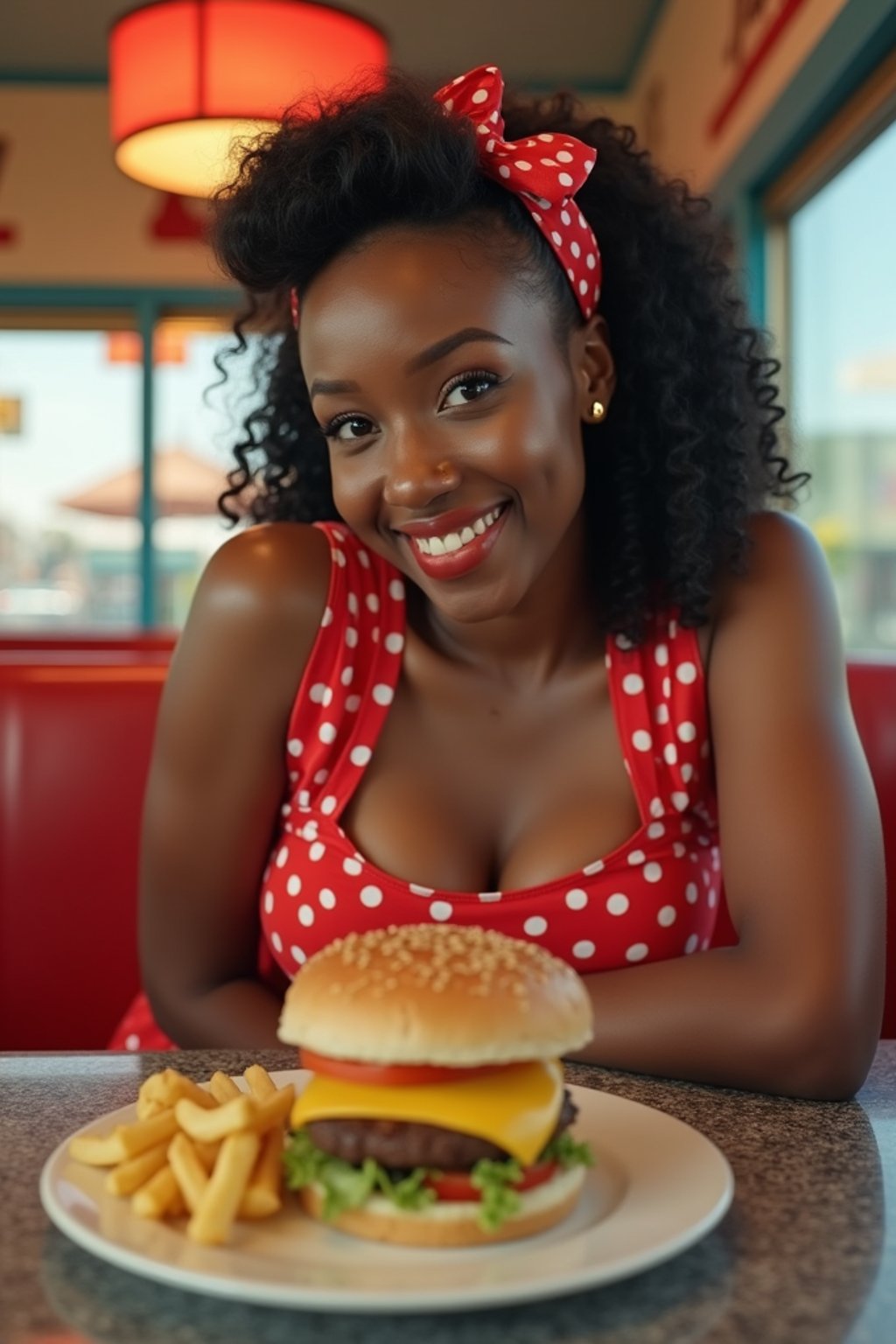 woman in retro 1950s diner photo shoot. french fries and one cheeseburger on a plate in front.  woman wearing 1950s pin up dress and 1950s hair tie