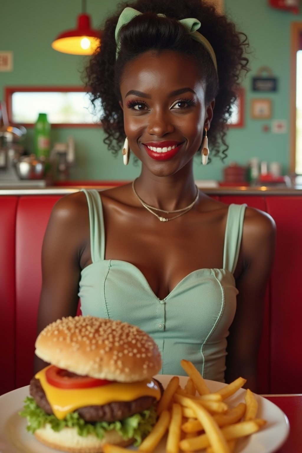 woman in retro 1950s diner photo shoot. french fries and one cheeseburger on a plate in front.  woman wearing 1950s pin up dress and 1950s hair tie