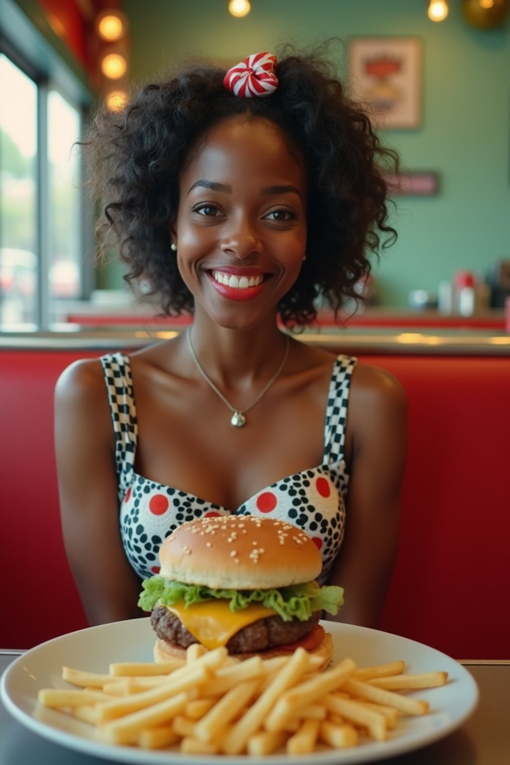 woman in retro 1950s diner photo shoot. french fries and one cheeseburger on a plate in front.  woman wearing 1950s pin up dress and 1950s hair tie