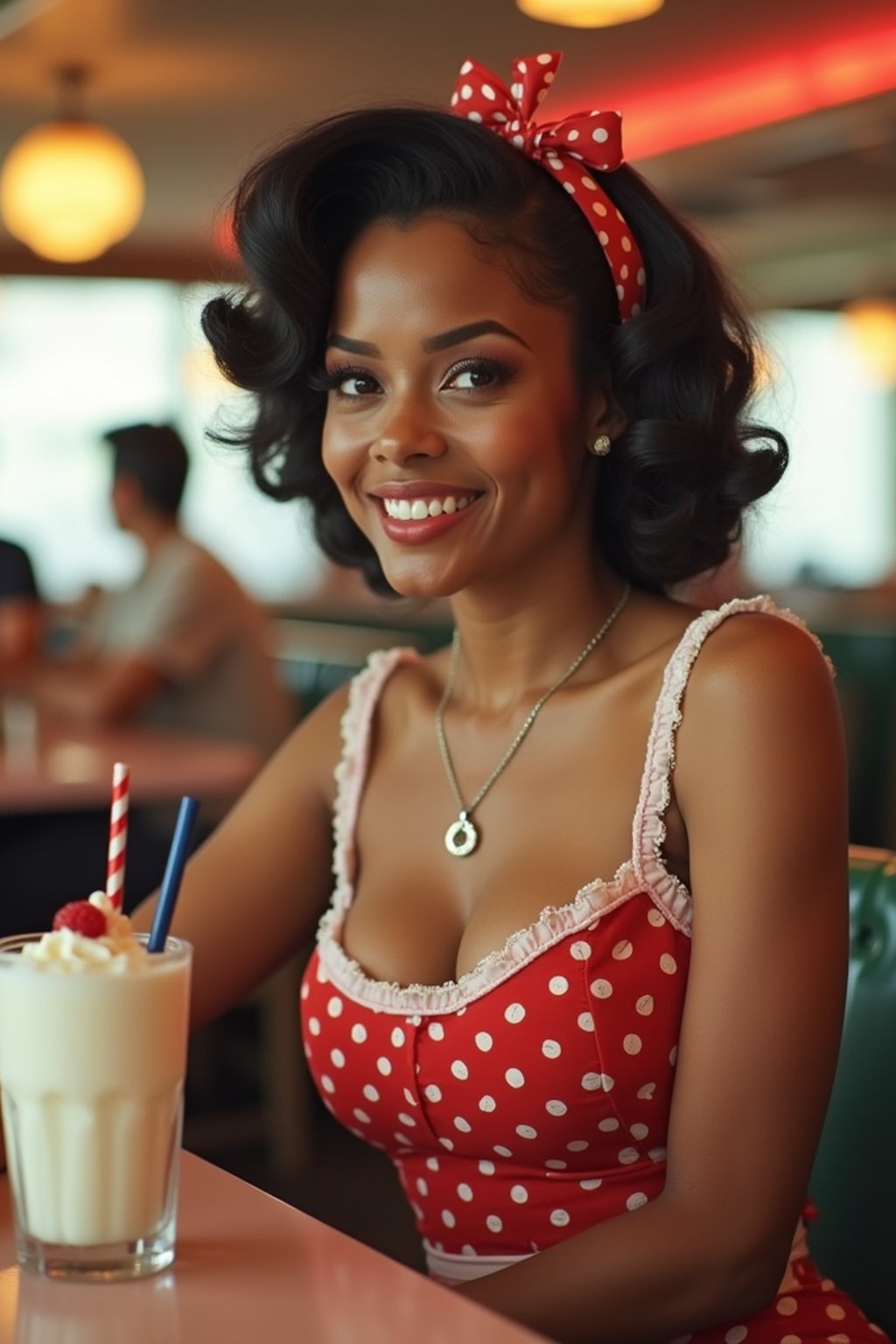 woman in retro 1950s diner photo shoot. one milkshake in front.  woman wearing 1950s pin up dress and 1950s hair tie