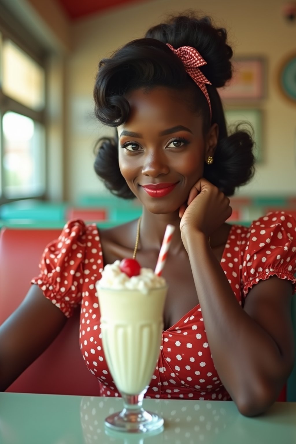 woman in retro 1950s diner photo shoot. one milkshake in front.  woman wearing 1950s pin up dress and 1950s hair tie