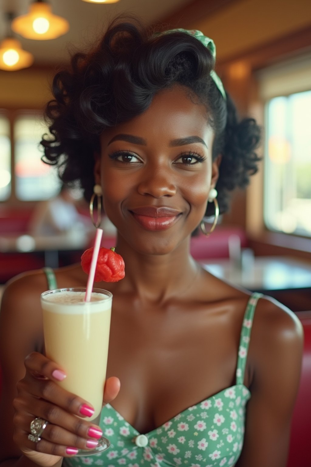 woman in retro 1950s diner photo shoot. one milkshake in front.  woman wearing 1950s pin up dress and 1950s hair tie