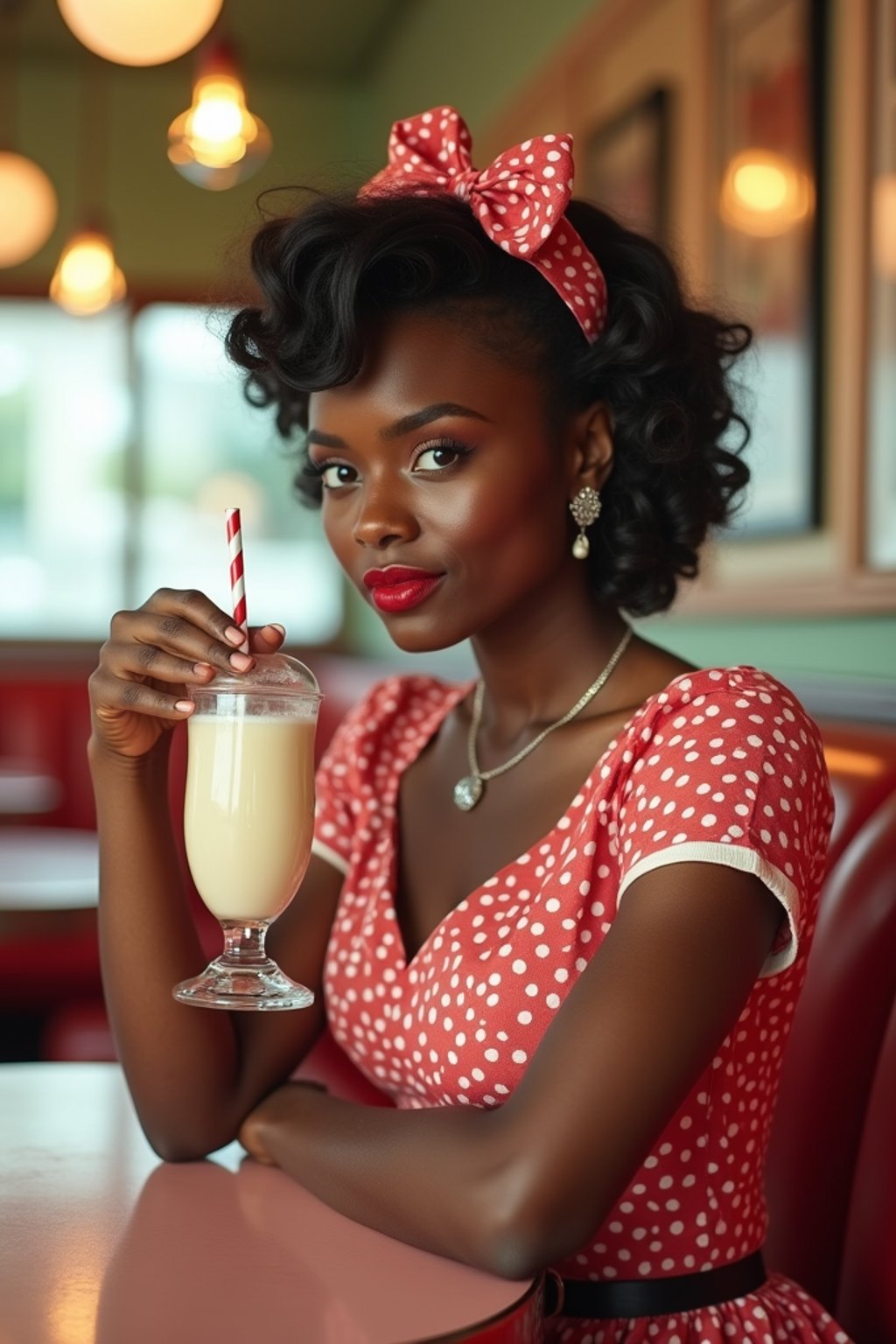 woman in retro 1950s diner photo shoot. one milkshake in front.  woman wearing 1950s pin up dress and 1950s hair tie