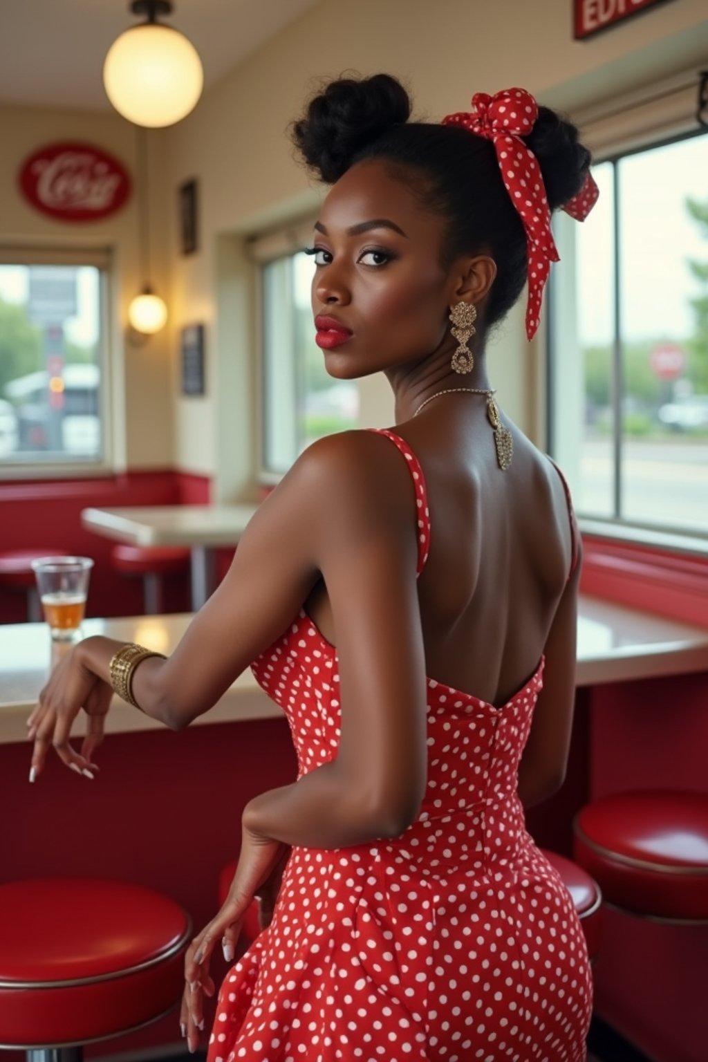 woman in retro 1950s diner photo shoot. posing in front of red 1950s barstools.  woman wearing 1950s pin up dress and 1950s red hair tie. white interior with red seats and black and white flooring.