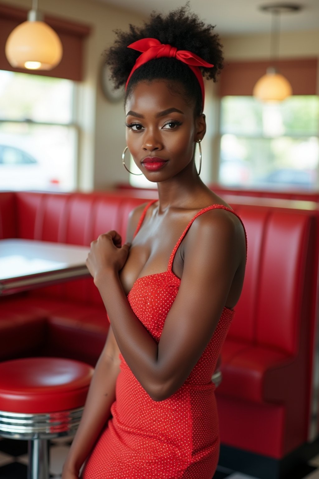 woman in retro 1950s diner photo shoot. posing in front of red 1950s barstools.  woman wearing 1950s pin up dress and 1950s red hair tie. white interior with red seats and black and white flooring.