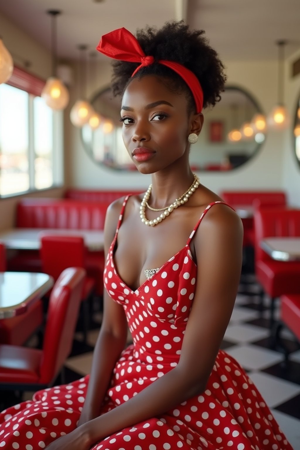 woman in retro 1950s diner photo shoot. posing in front of red 1950s barstools.  woman wearing 1950s pin up dress and 1950s red hair tie. white interior with red seats and black and white flooring.