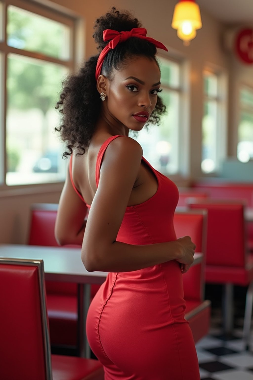 woman in retro 1950s diner photo shoot. posing in front of red 1950s barstools.  woman wearing 1950s pin up dress and 1950s red hair tie. white interior with red seats and black and white flooring.