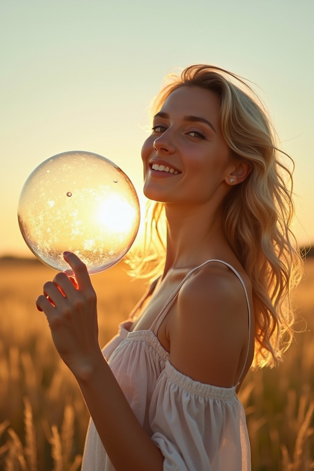 woman holding a giant soap bubble in a sunlit field