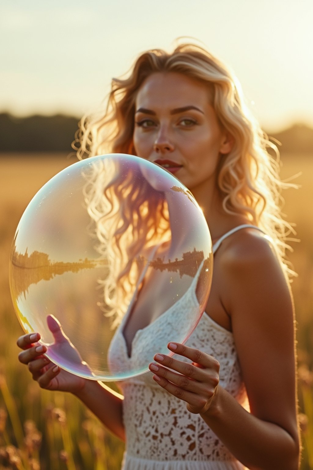 woman holding a giant soap bubble in a sunlit field