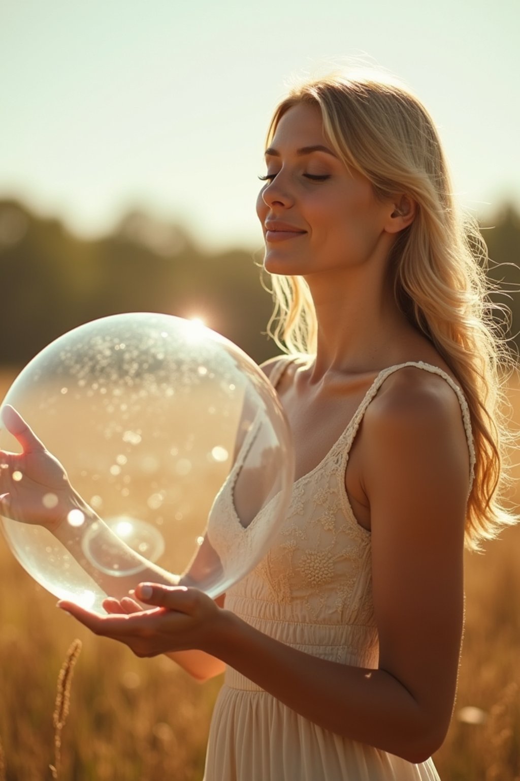 woman holding a giant soap bubble in a sunlit field