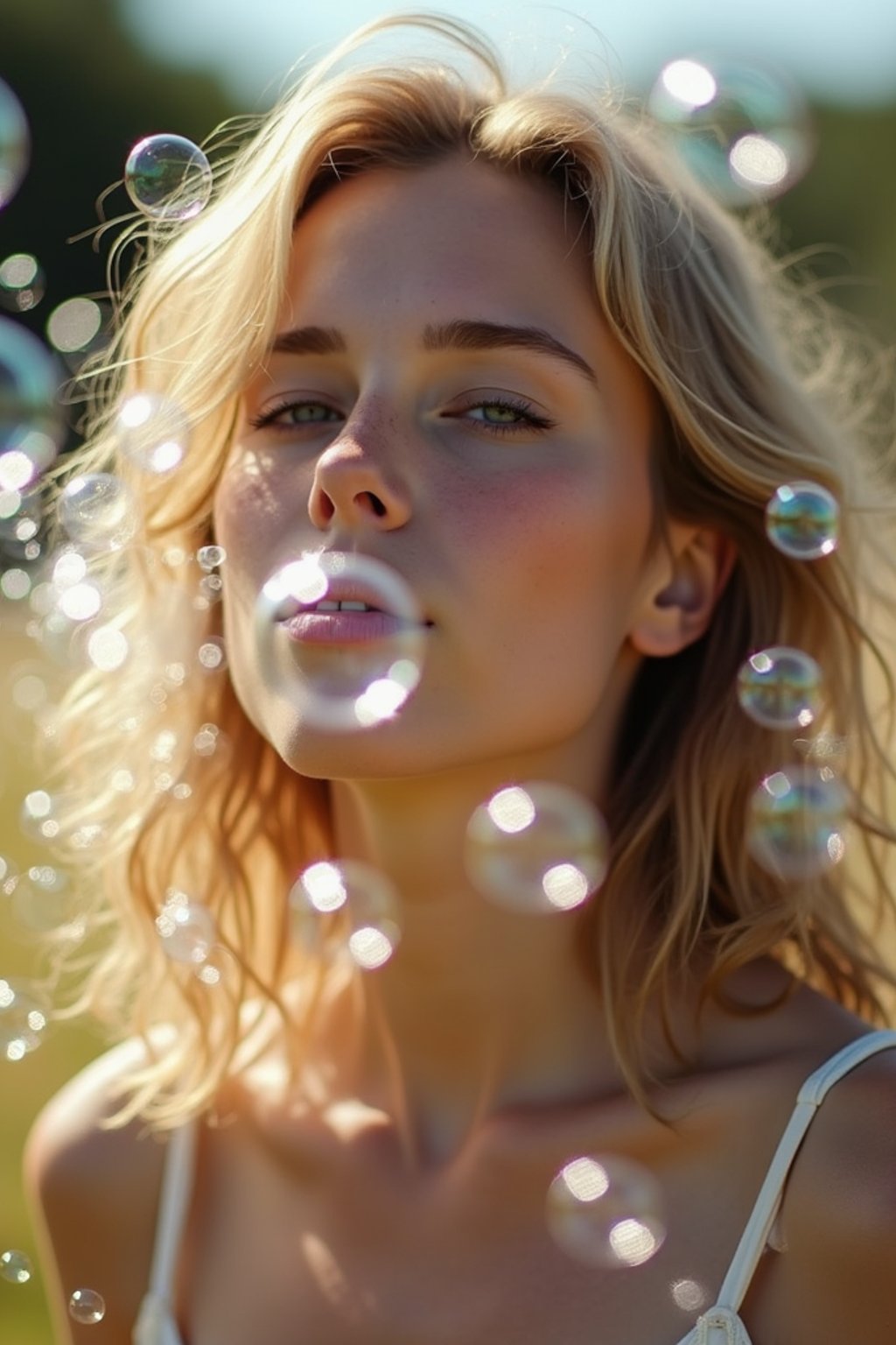 woman blowing bubbles. all around her are floating bubbles. many bubbles floating. the bubbles reflect her face. she stands in a sunlit field.