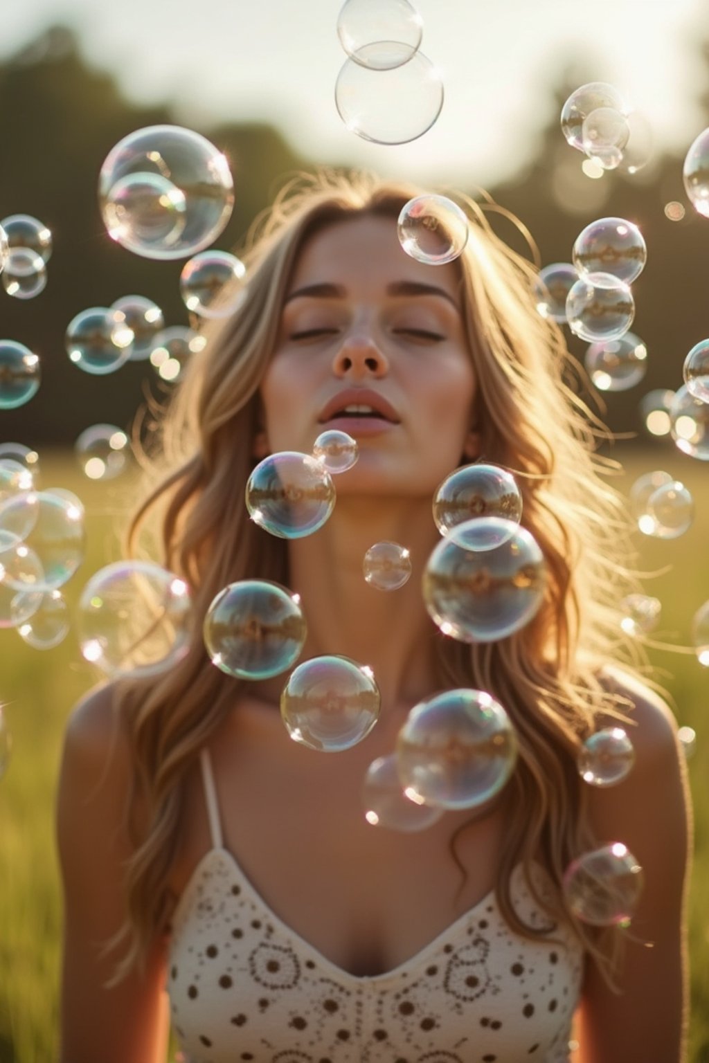 woman blowing bubbles. all around her are floating bubbles. many bubbles floating. the bubbles reflect her face. she stands in a sunlit field.