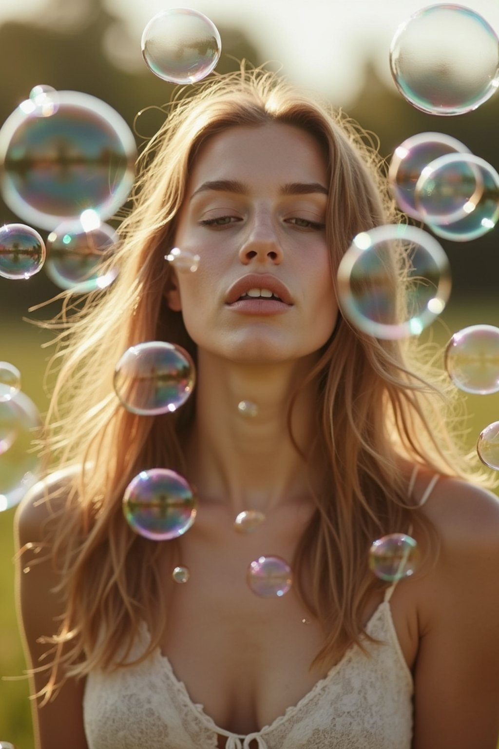 woman blowing bubbles. all around her are floating bubbles. many bubbles floating. the bubbles reflect her face. she stands in a sunlit field.