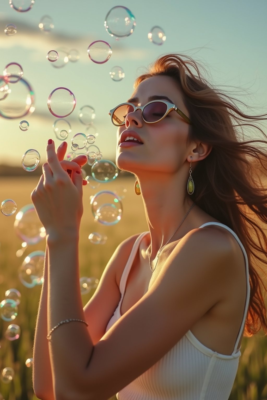 woman blowing bubbles. all around her are floating bubbles. many bubbles floating. the bubbles reflect her face. she stands in a sunlit field.