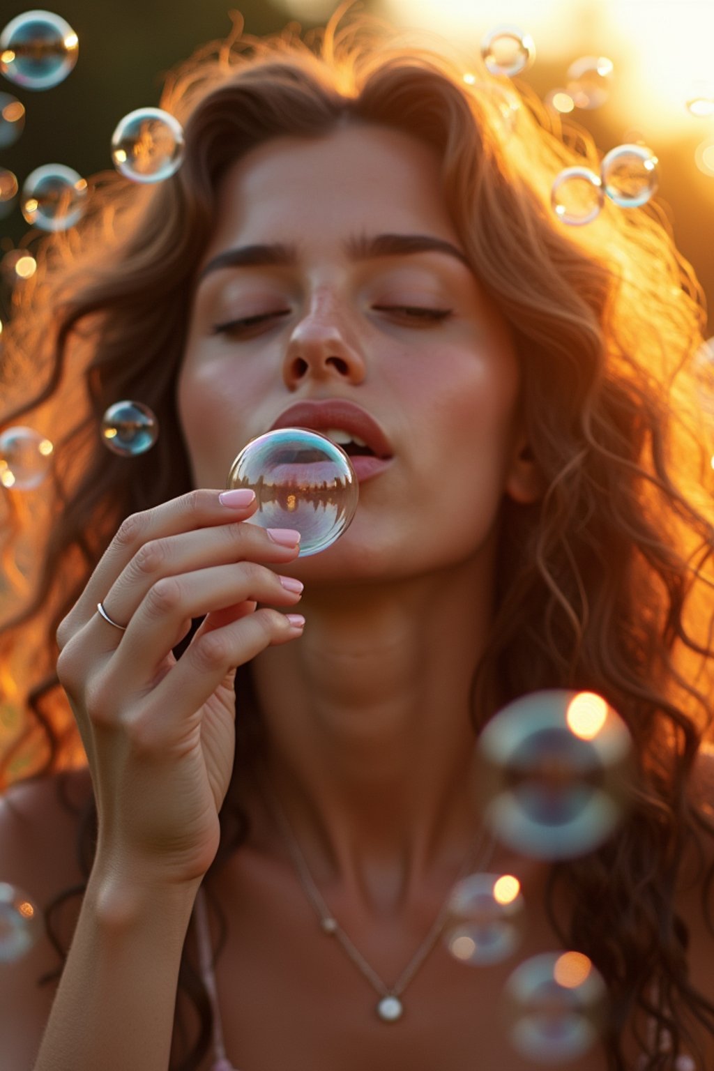 woman blowing bubbles. all around her are floating bubbles. many bubbles floating. the bubbles reflect her face. it is golden hour at sunset.