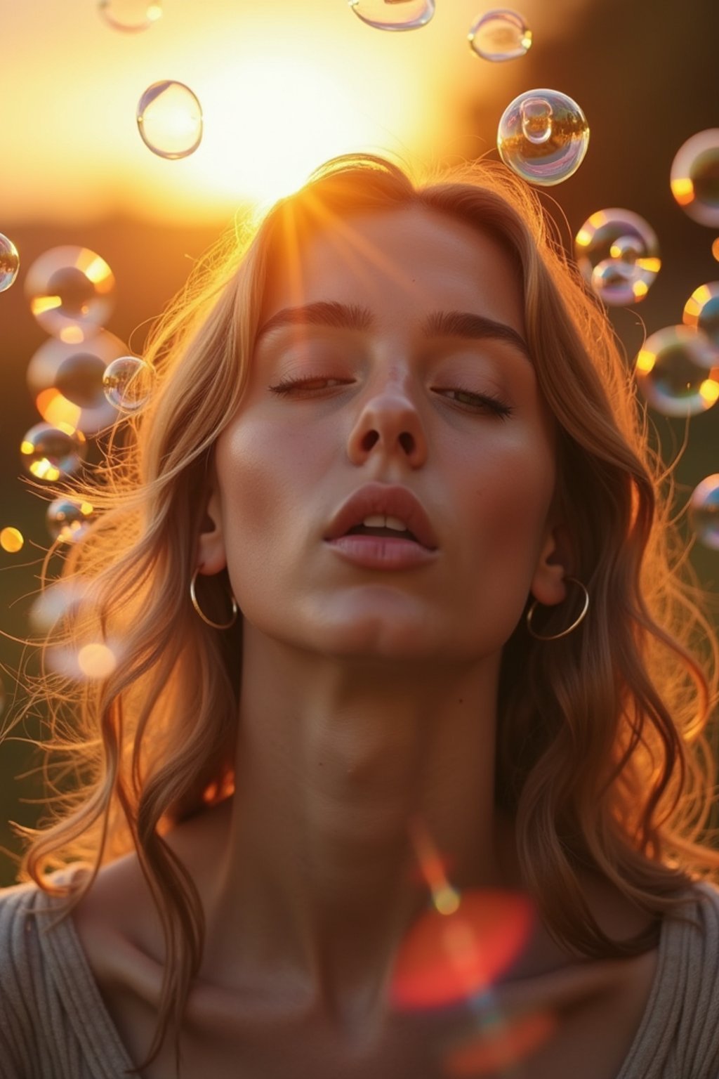 woman blowing bubbles. all around her are floating bubbles. many bubbles floating. the bubbles reflect her face. it is golden hour at sunset.