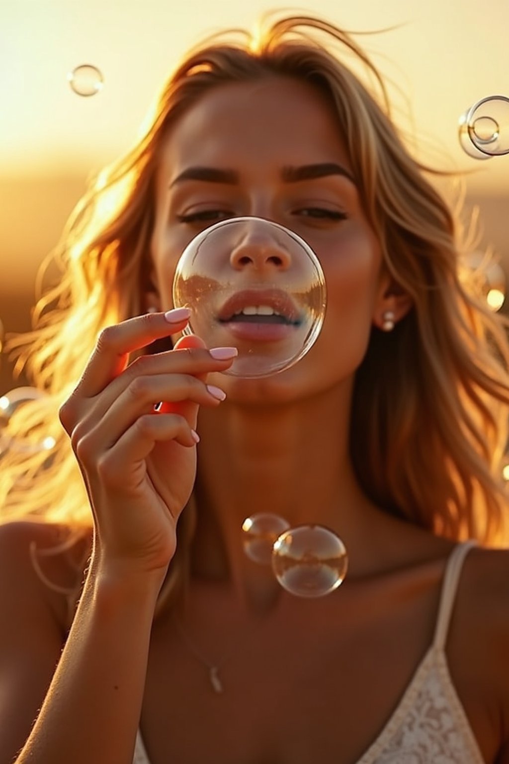 woman blowing bubbles. all around her are floating bubbles. many bubbles floating. the bubbles reflect her face. it is golden hour at sunset.