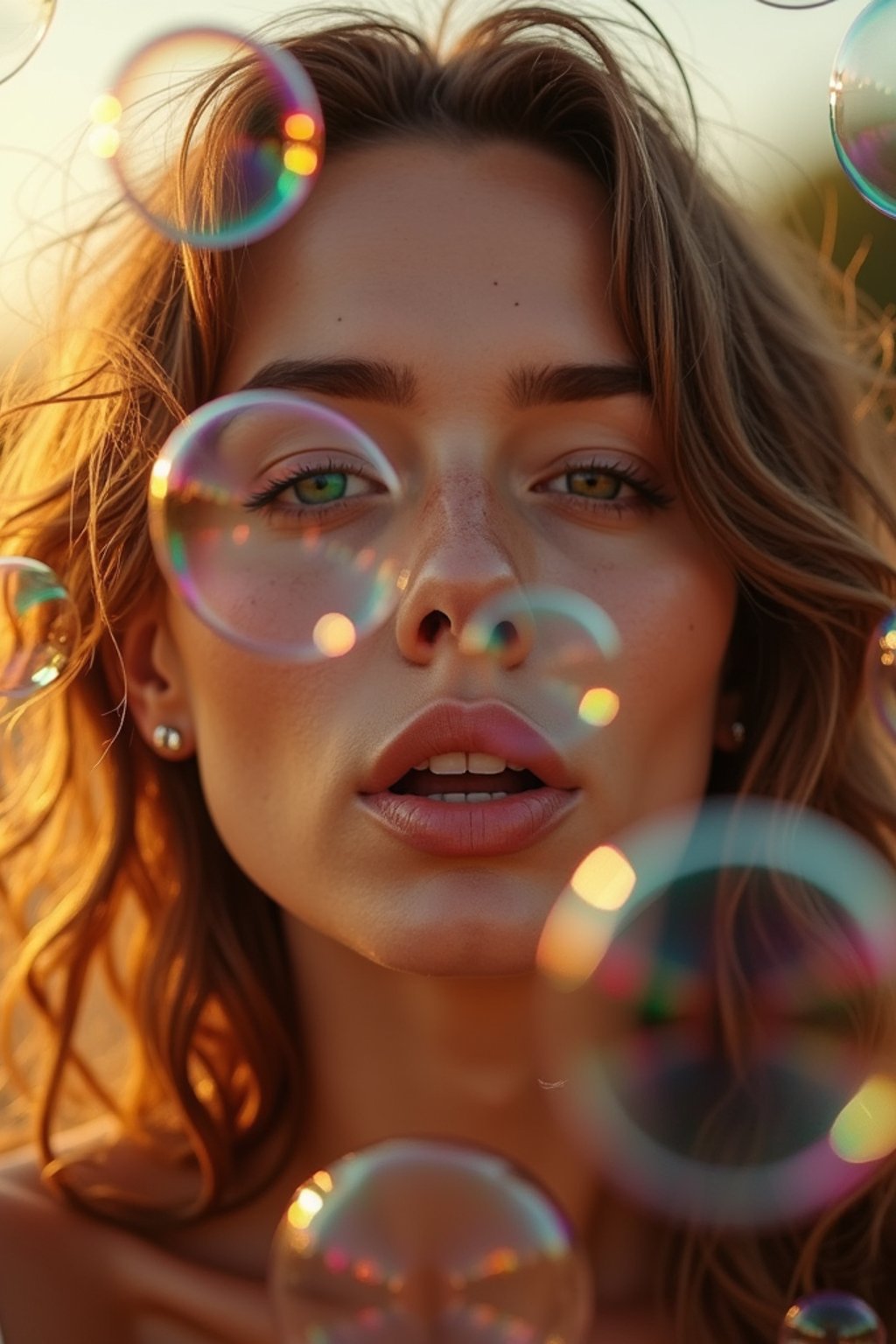 woman blowing bubbles. all around her are floating bubbles. many bubbles floating. the bubbles reflect her face. it is golden hour at sunset.