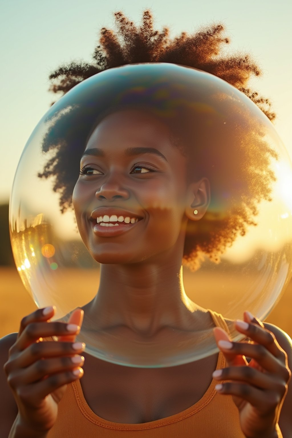 woman holding a giant soap bubble in a sunlit field