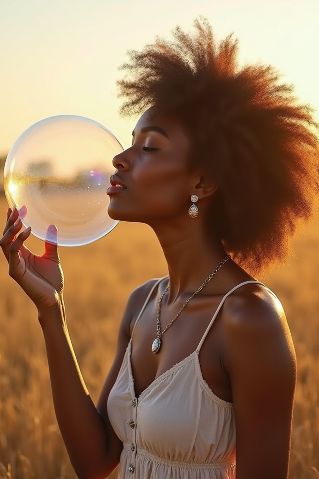 woman holding a giant soap bubble in a sunlit field