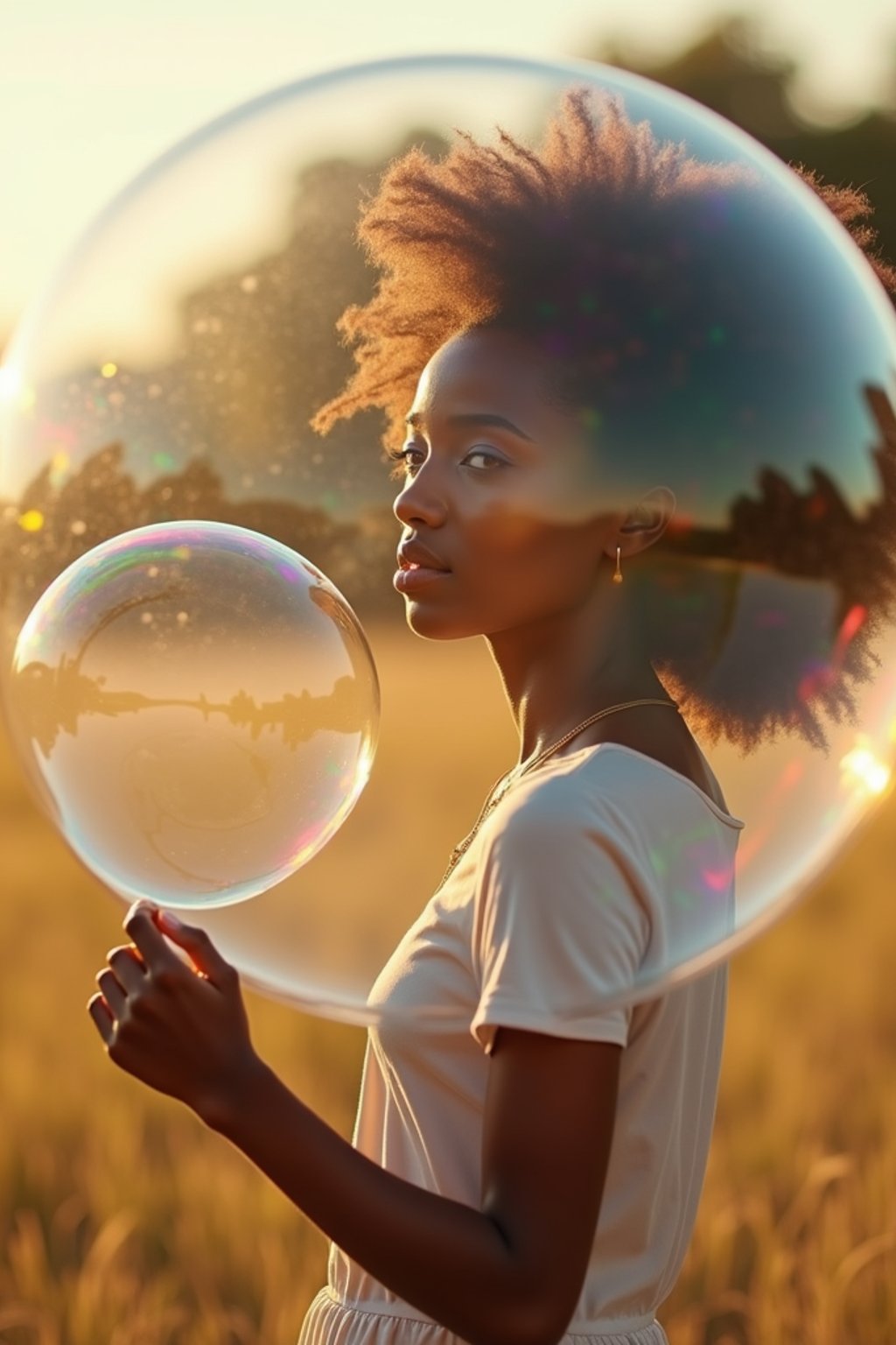 woman holding a giant soap bubble in a sunlit field