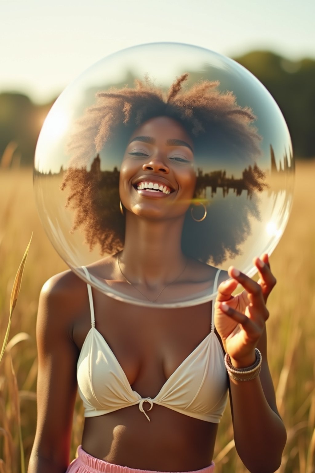 woman holding a giant soap bubble in a sunlit field