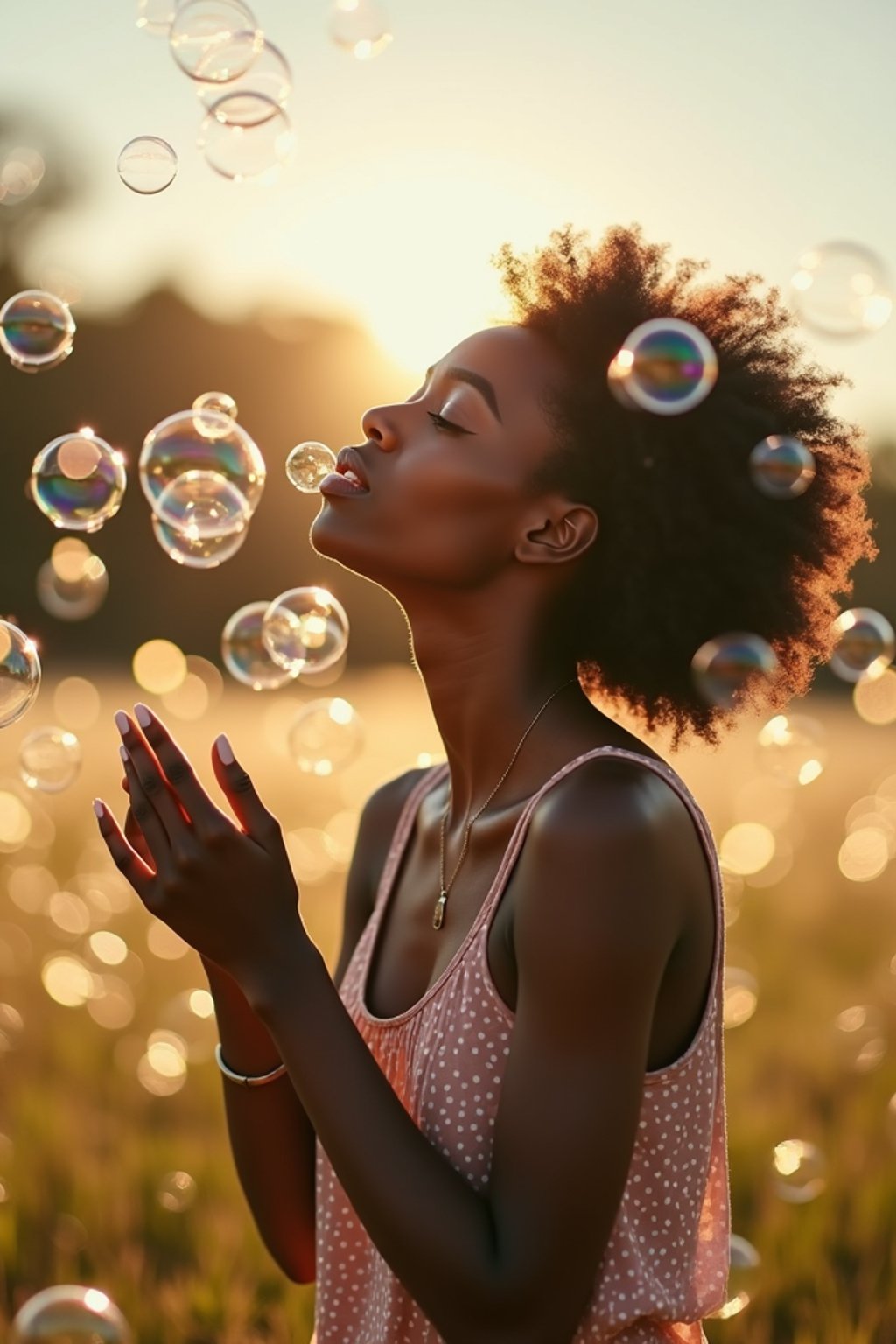 woman blowing bubbles. all around her are floating bubbles. many bubbles floating. the bubbles reflect her face. she stands in a sunlit field.