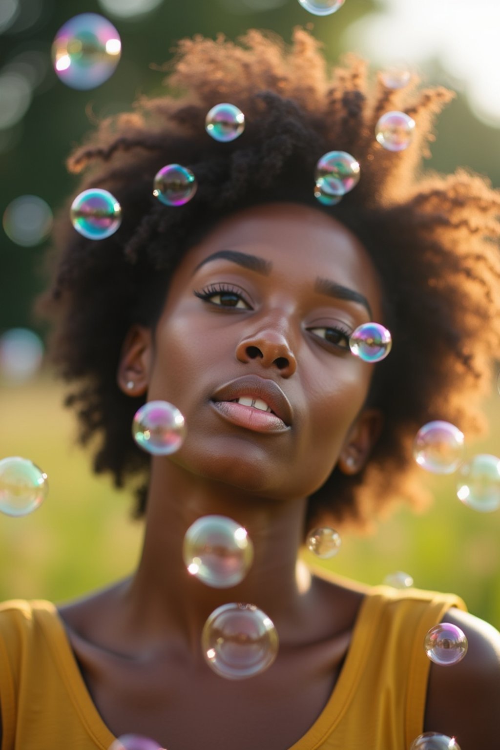 woman blowing bubbles. all around her are floating bubbles. many bubbles floating. the bubbles reflect her face. she stands in a sunlit field.