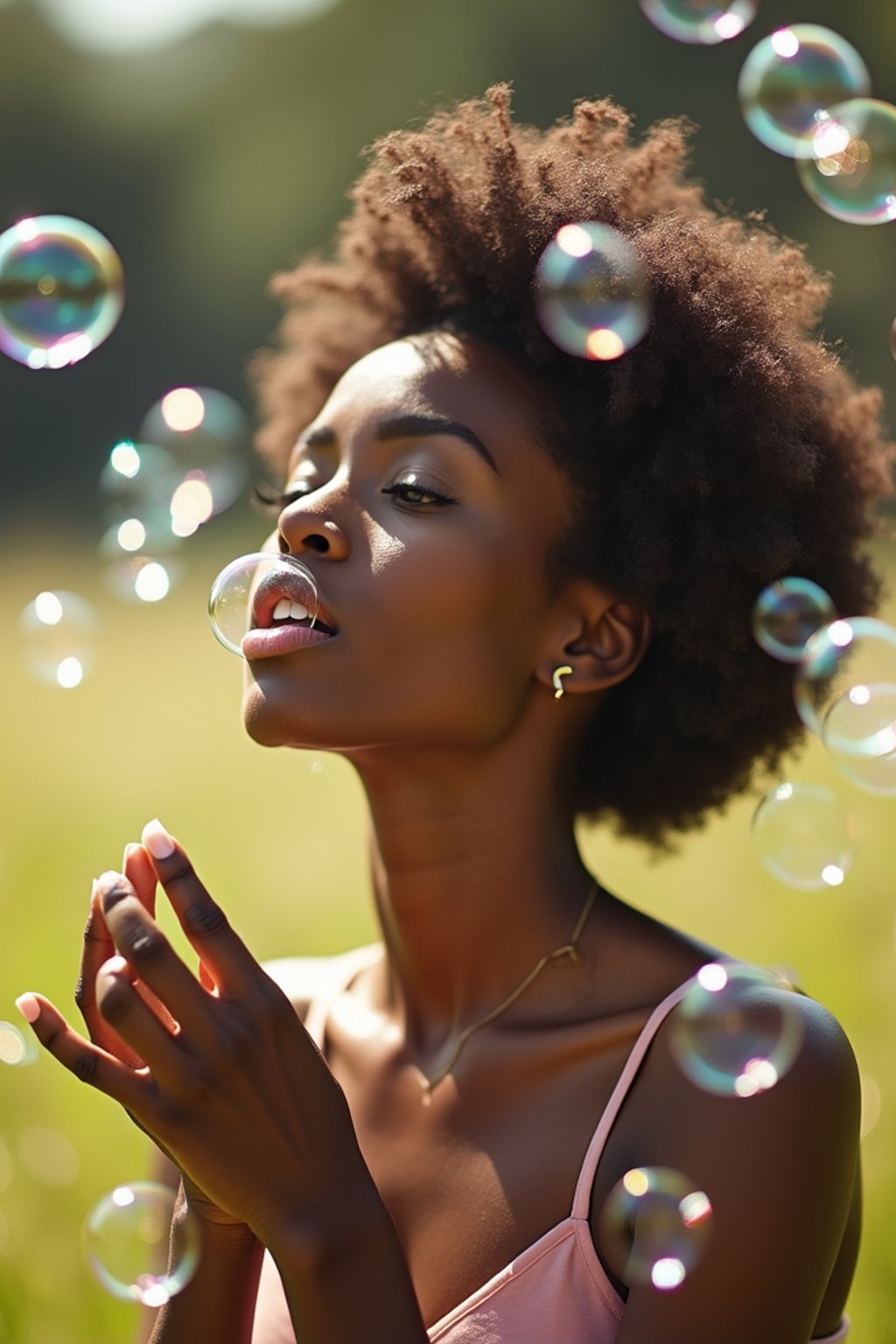 woman blowing bubbles. all around her are floating bubbles. many bubbles floating. the bubbles reflect her face. she stands in a sunlit field.