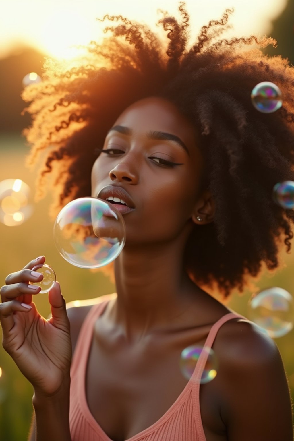 woman blowing bubbles. all around her are floating bubbles. many bubbles floating. the bubbles reflect her face. she stands in a sunlit field.