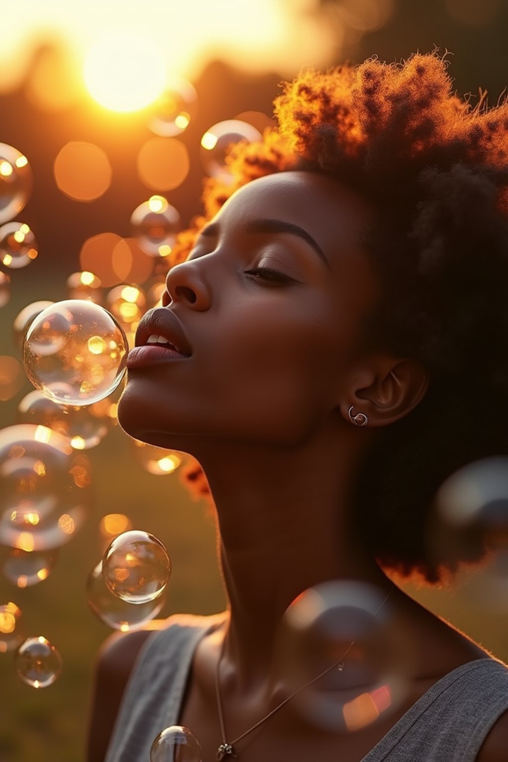 woman blowing bubbles. all around her are floating bubbles. many bubbles floating. the bubbles reflect her face. it is golden hour at sunset.