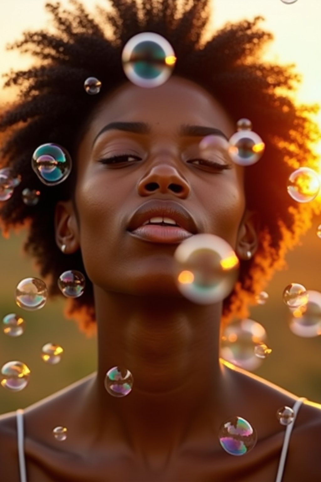 woman blowing bubbles. all around her are floating bubbles. many bubbles floating. the bubbles reflect her face. it is golden hour at sunset.