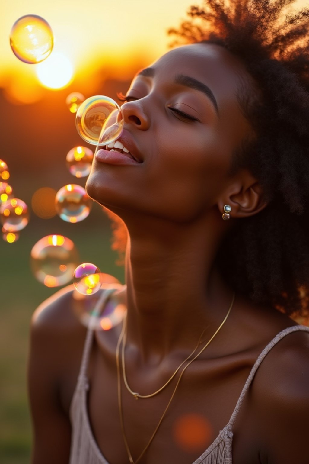 woman blowing bubbles. all around her are floating bubbles. many bubbles floating. the bubbles reflect her face. it is golden hour at sunset.