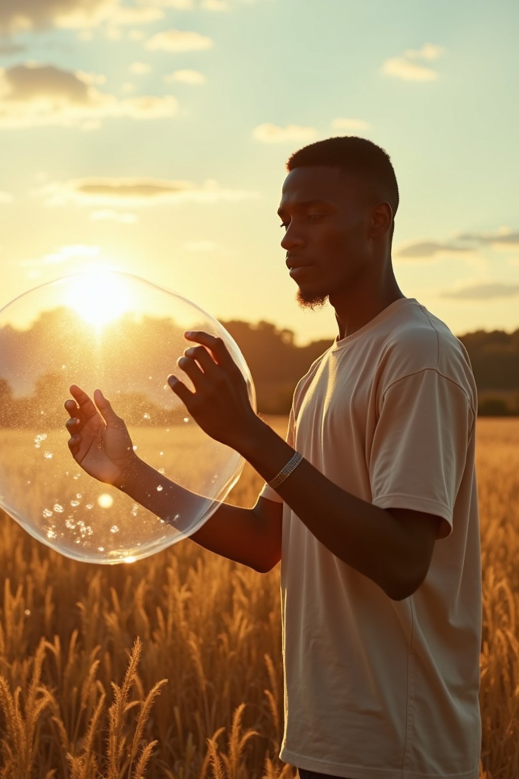 man holding a giant soap bubble in a sunlit field