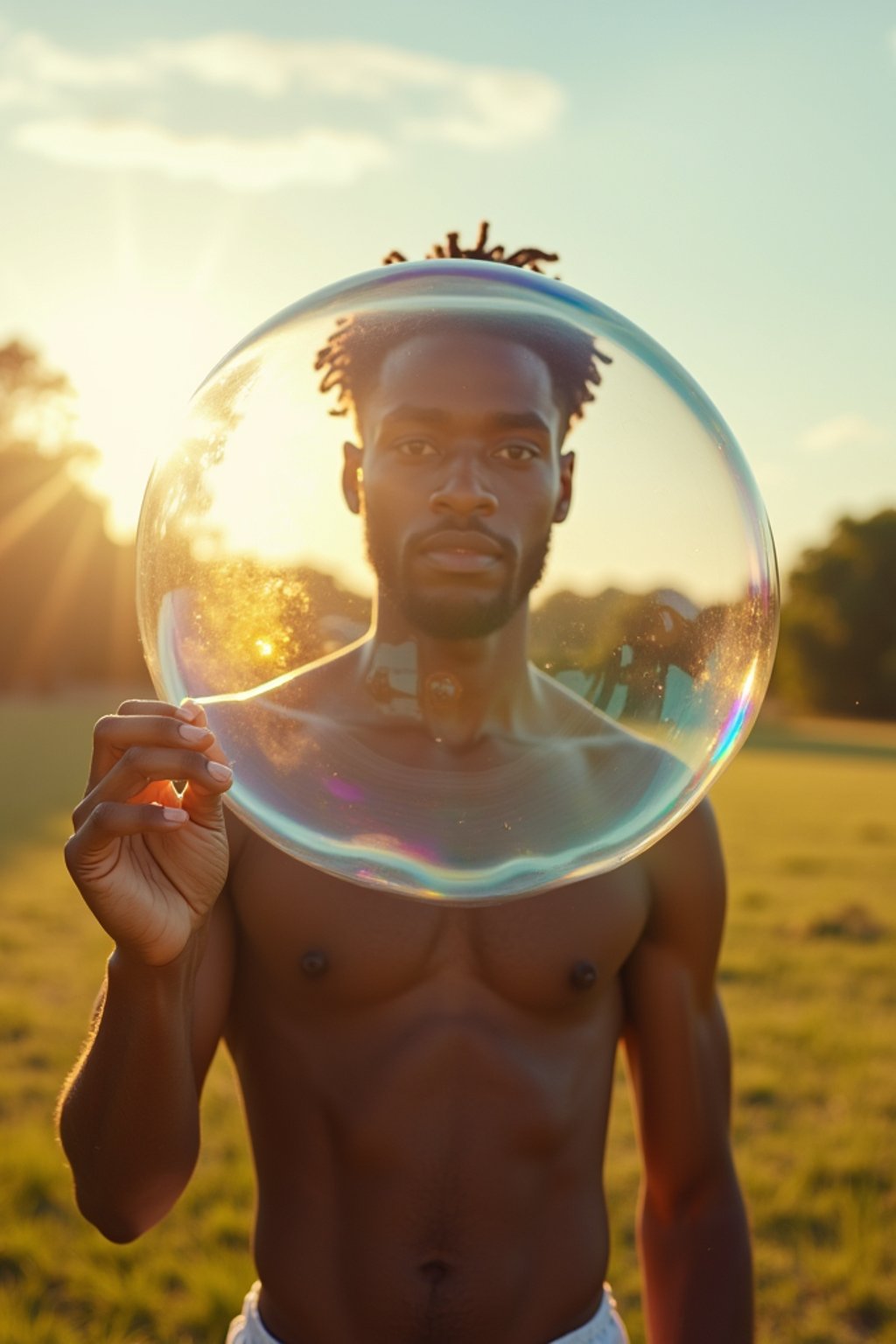 man holding a giant soap bubble in a sunlit field