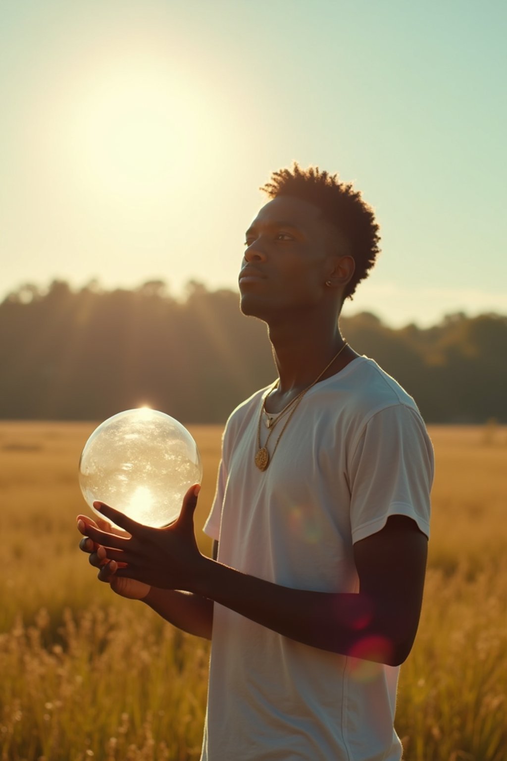 man holding a giant soap bubble in a sunlit field