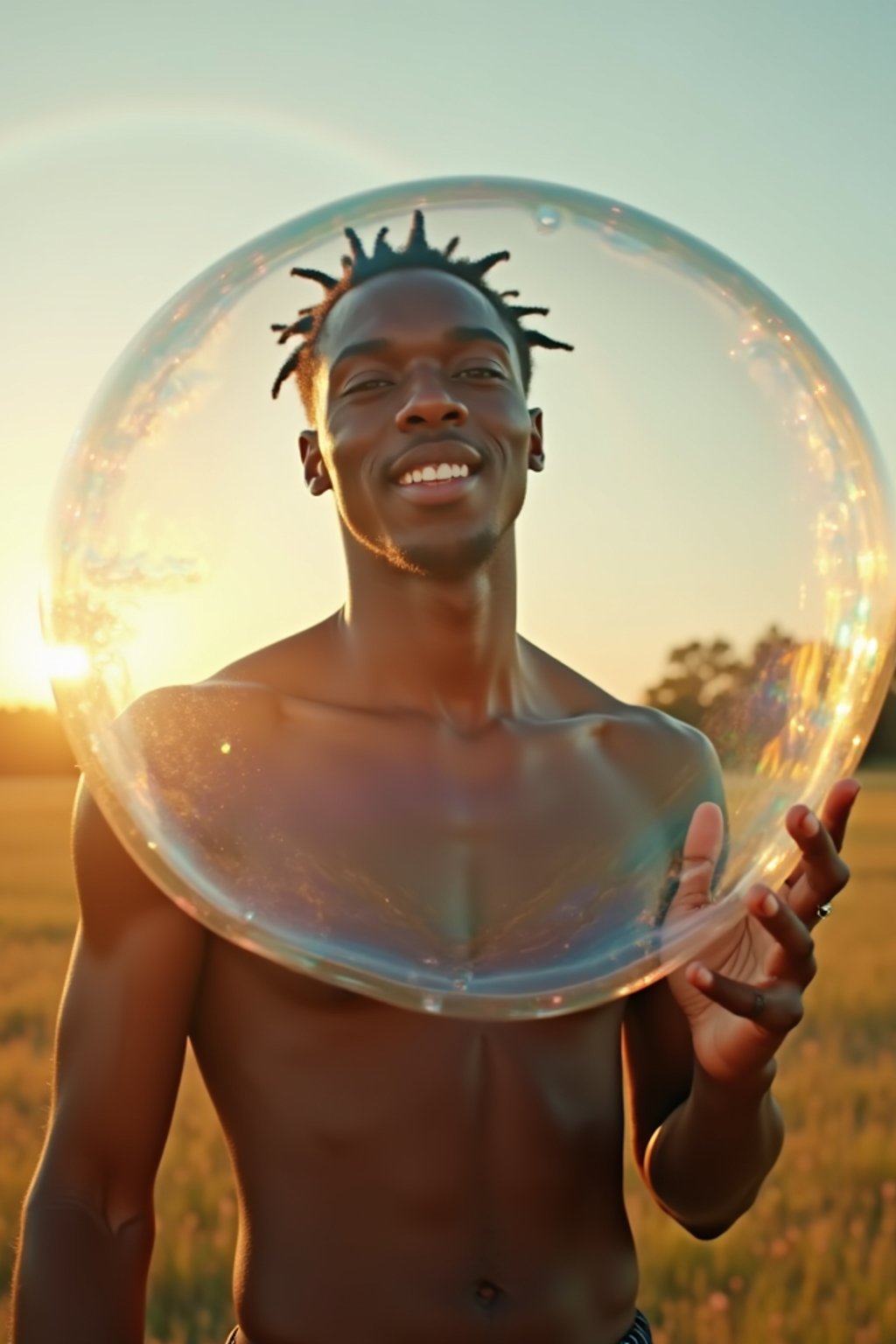 man holding a giant soap bubble in a sunlit field