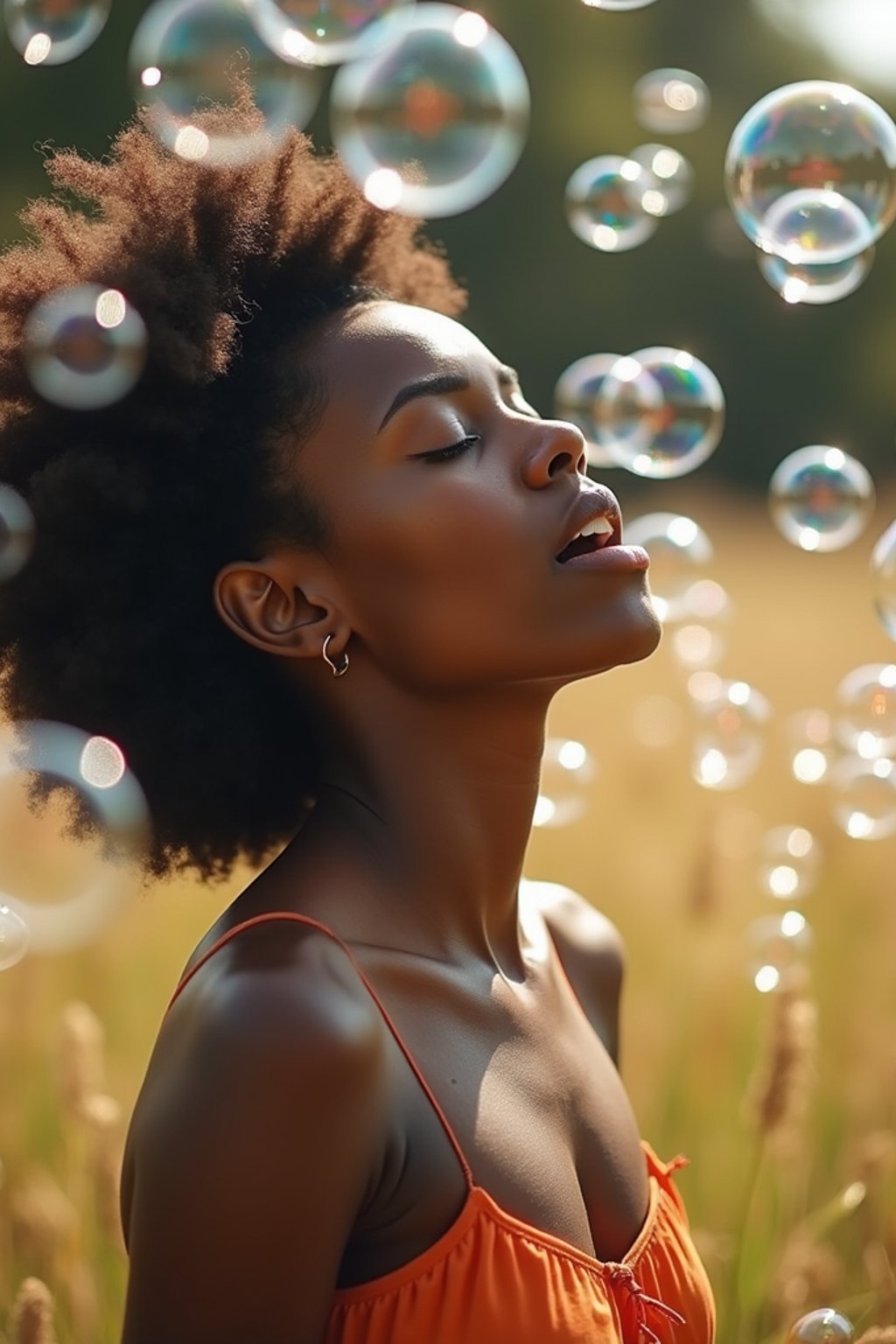 man blowing bubbles. all around her are floating bubbles. many bubbles floating. the bubbles reflect her face. she stands in a sunlit field.