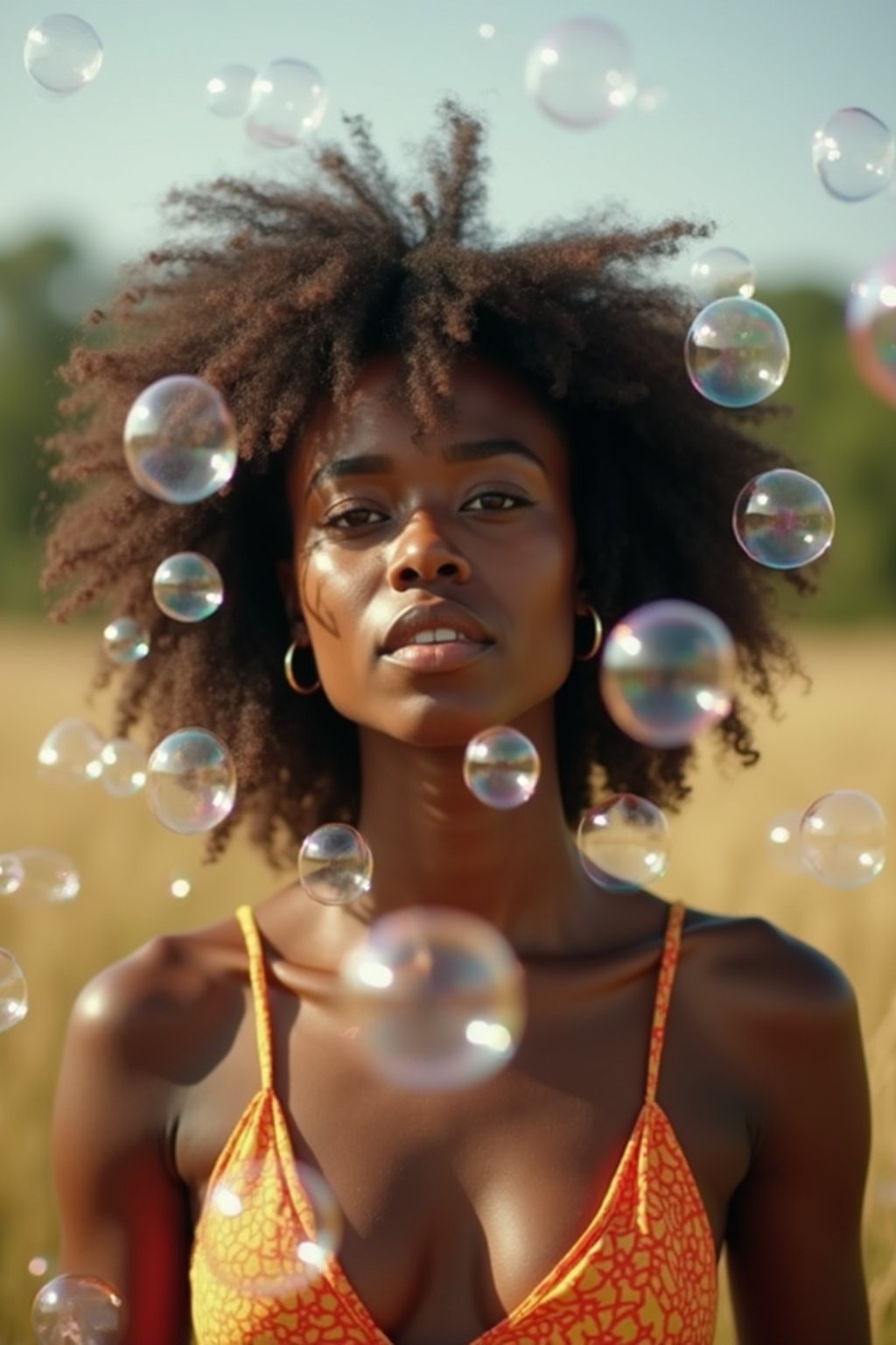 man blowing bubbles. all around her are floating bubbles. many bubbles floating. the bubbles reflect her face. she stands in a sunlit field.