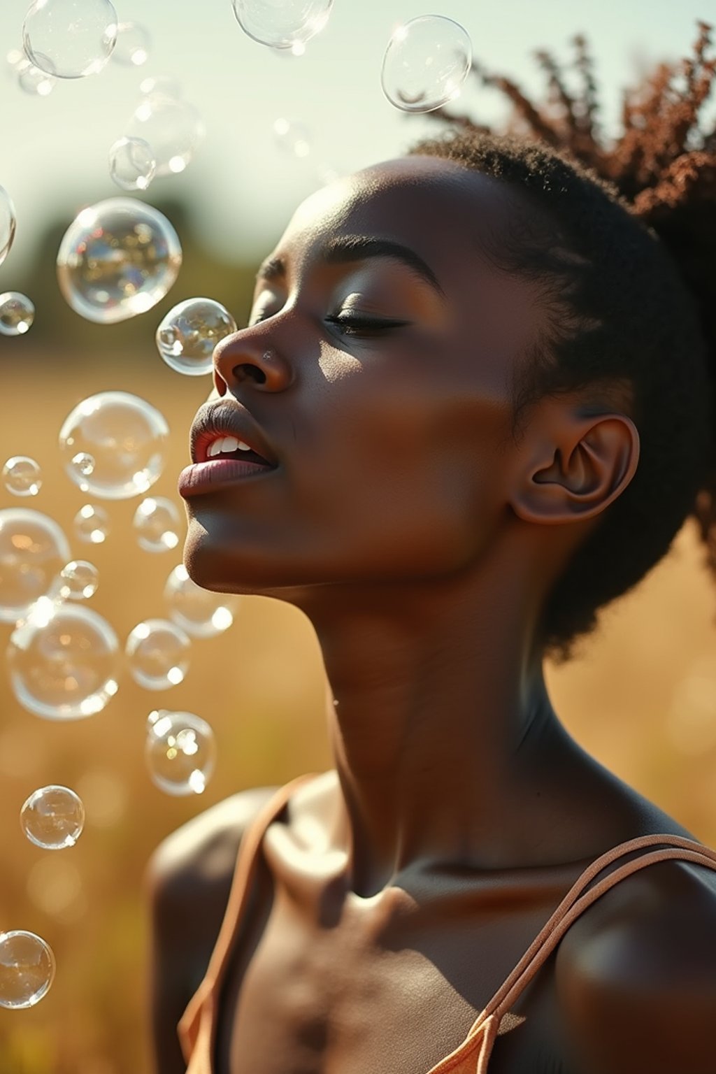 man blowing bubbles. all around her are floating bubbles. many bubbles floating. the bubbles reflect her face. she stands in a sunlit field.