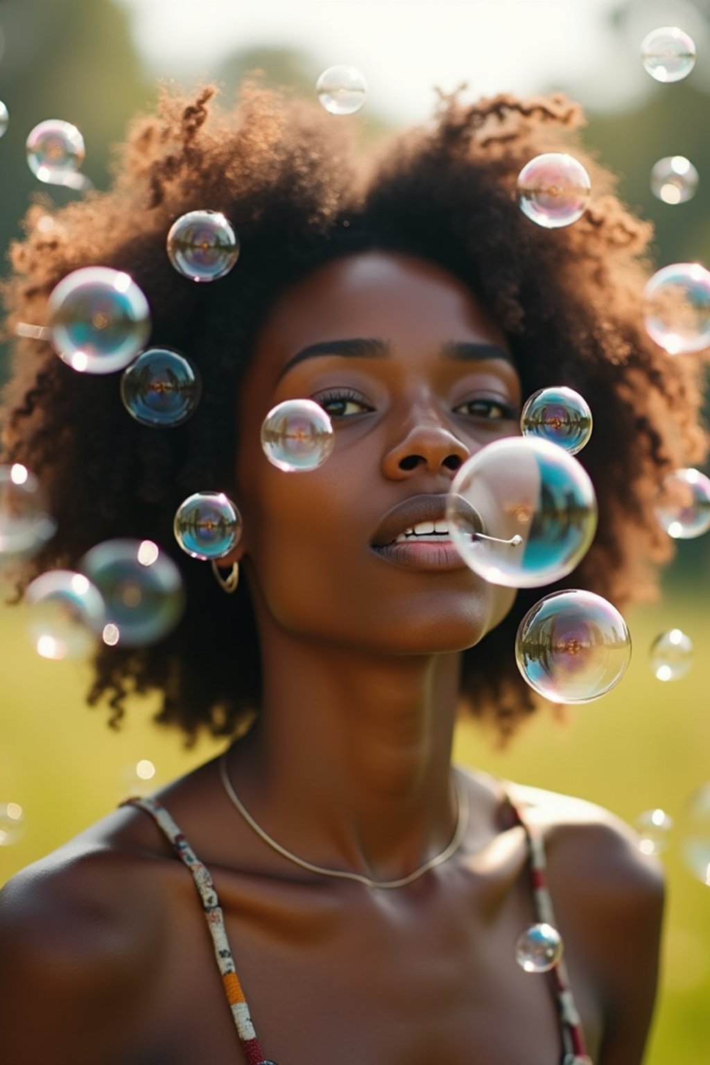 man blowing bubbles. all around her are floating bubbles. many bubbles floating. the bubbles reflect her face. she stands in a sunlit field.