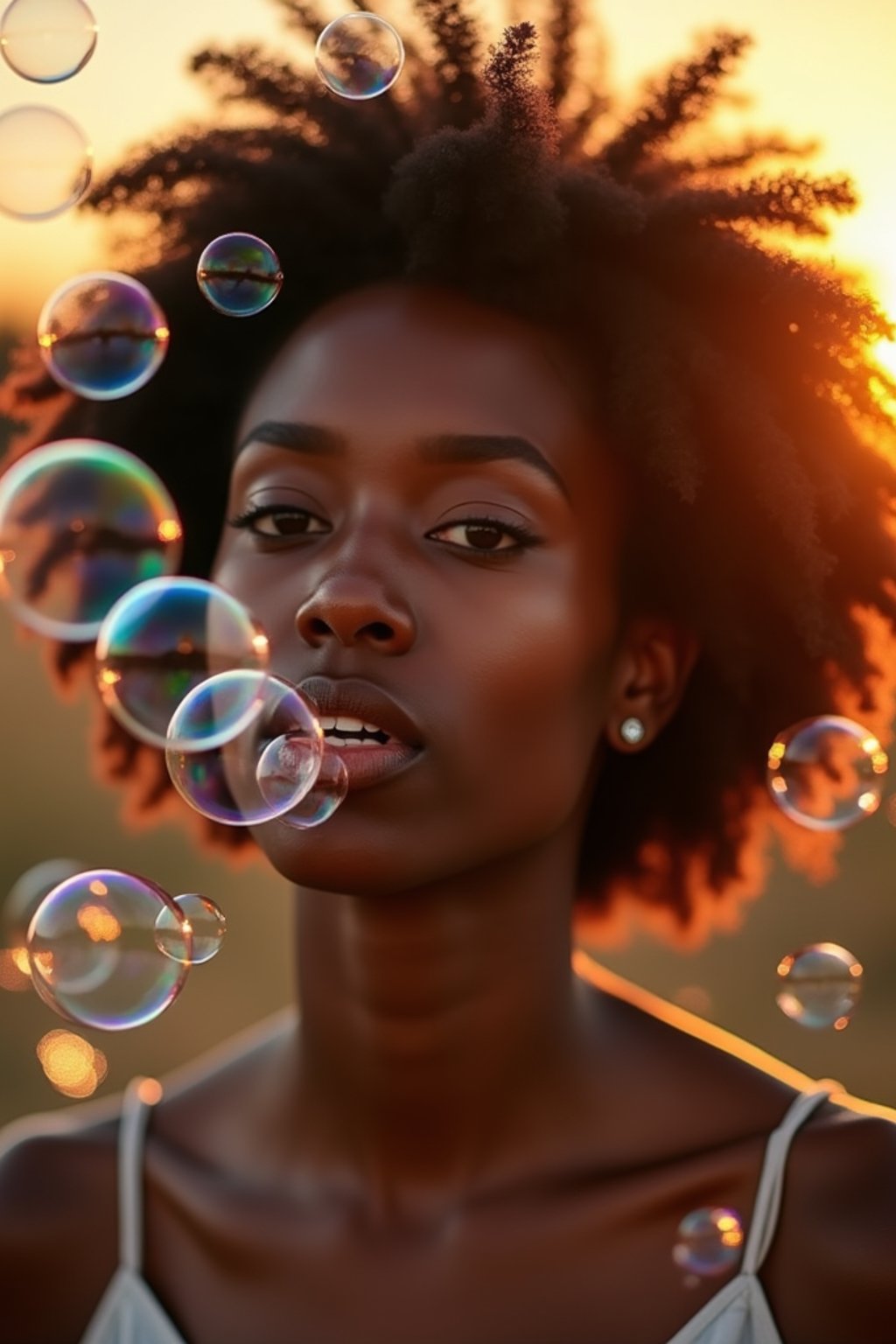 man blowing bubbles. all around her are floating bubbles. many bubbles floating. the bubbles reflect her face. it is golden hour at sunset.