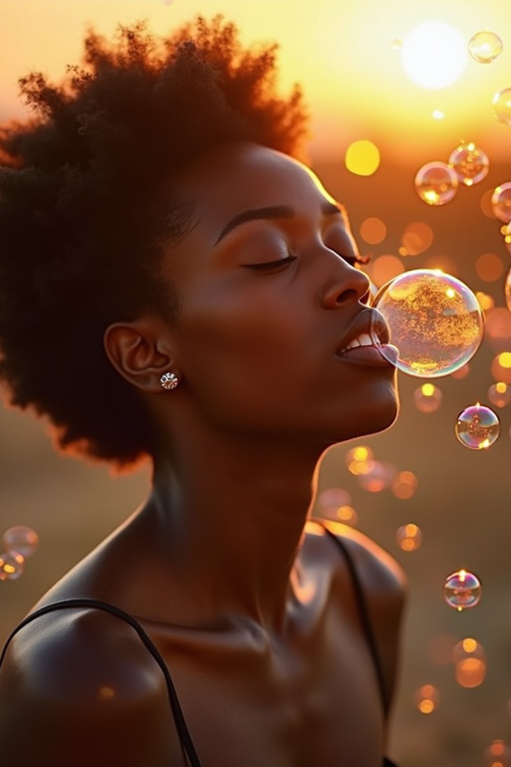 man blowing bubbles. all around her are floating bubbles. many bubbles floating. the bubbles reflect her face. it is golden hour at sunset.