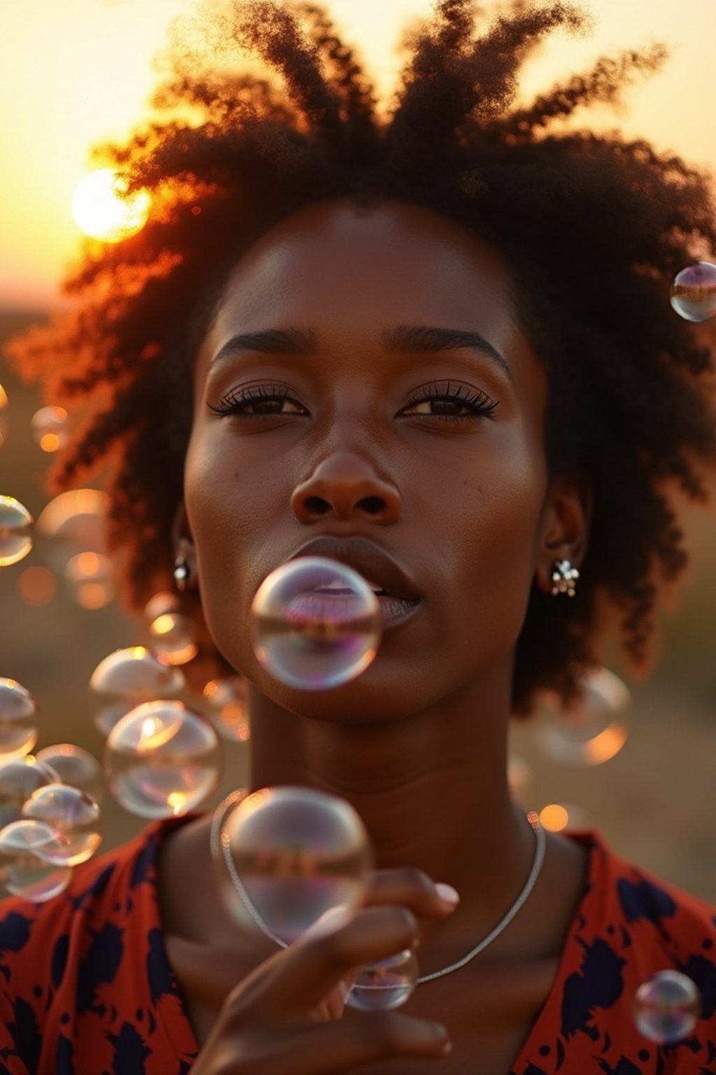 man blowing bubbles. all around her are floating bubbles. many bubbles floating. the bubbles reflect her face. it is golden hour at sunset.