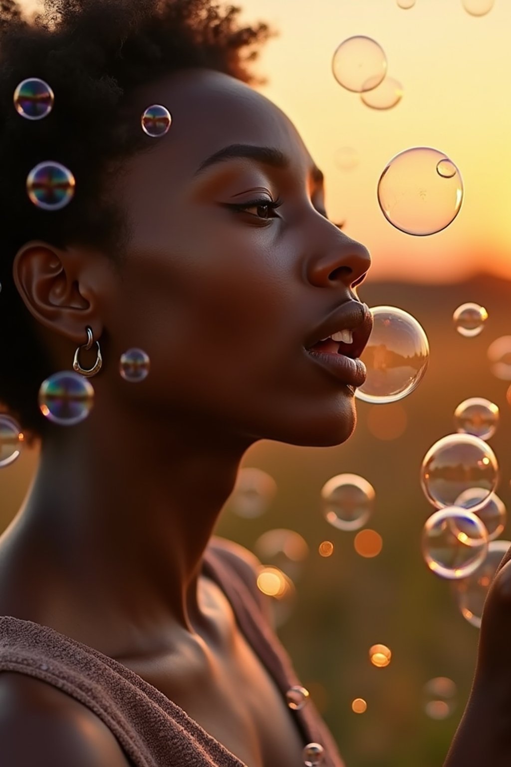 man blowing bubbles. all around her are floating bubbles. many bubbles floating. the bubbles reflect her face. it is golden hour at sunset.